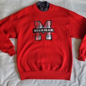 Vintage University Of Michigan Jerzees Sweatshirt Large Red Spellout EUC